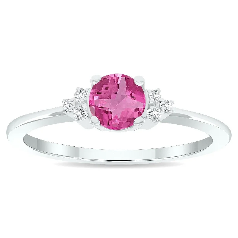 gold plated rings for women -Women's Pink Topaz and Diamond Half Moon Ring in 10K White Gold