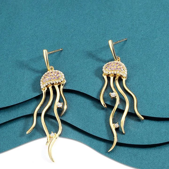 gold stud earrings for women -Cute Jellyfish Drop Earrings in Sterling Silver