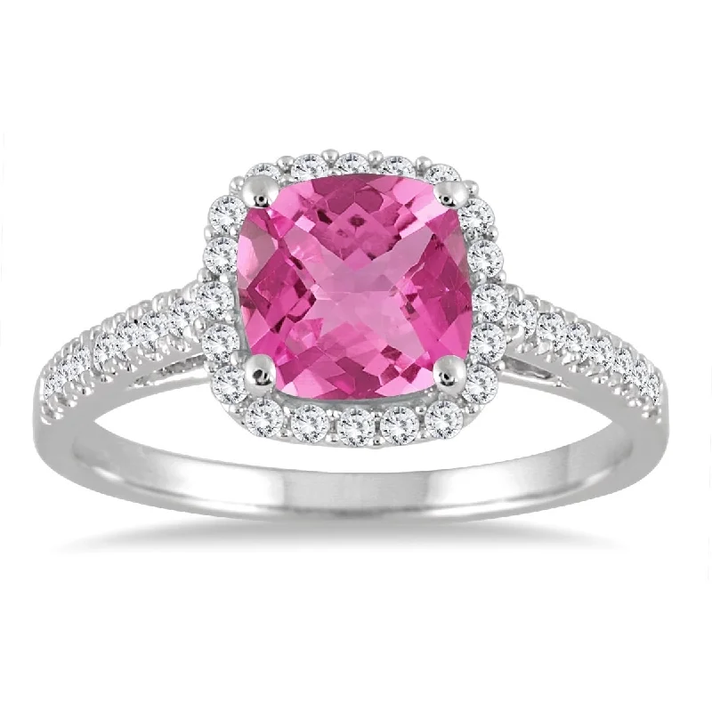 anniversary gemstone rings -5MM Cushion Cut Pink Topaz and Diamond Halo Ring in 10K White Gold