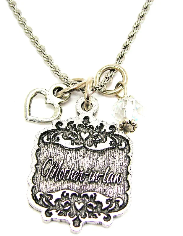 fashion necklaces for women -Mother-In-Law Victorian Scroll With With Open Heart And Crystal 20" Stainless Steel Rope Necklace