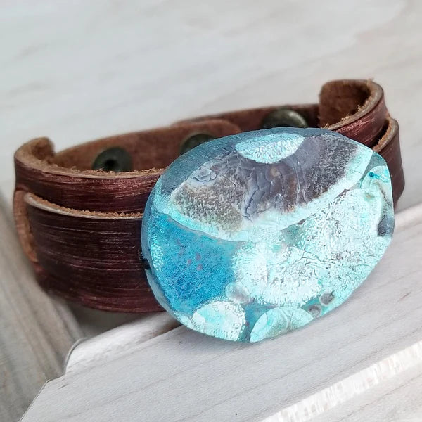 chic leather bangles -Leather Cuff w/ Ocean Agate