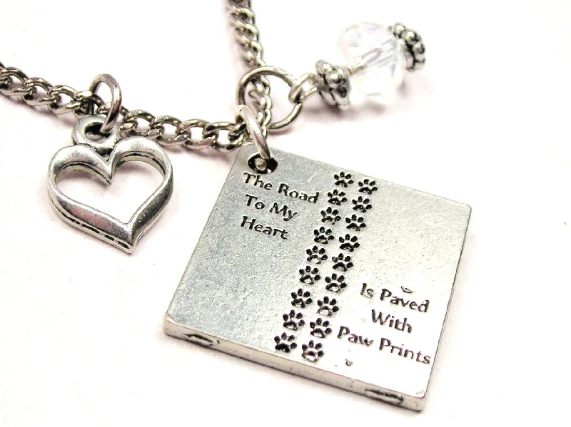 sapphire necklaces for women -The Road To My Heart Is Paved With Paw Prints Necklace with Small Heart