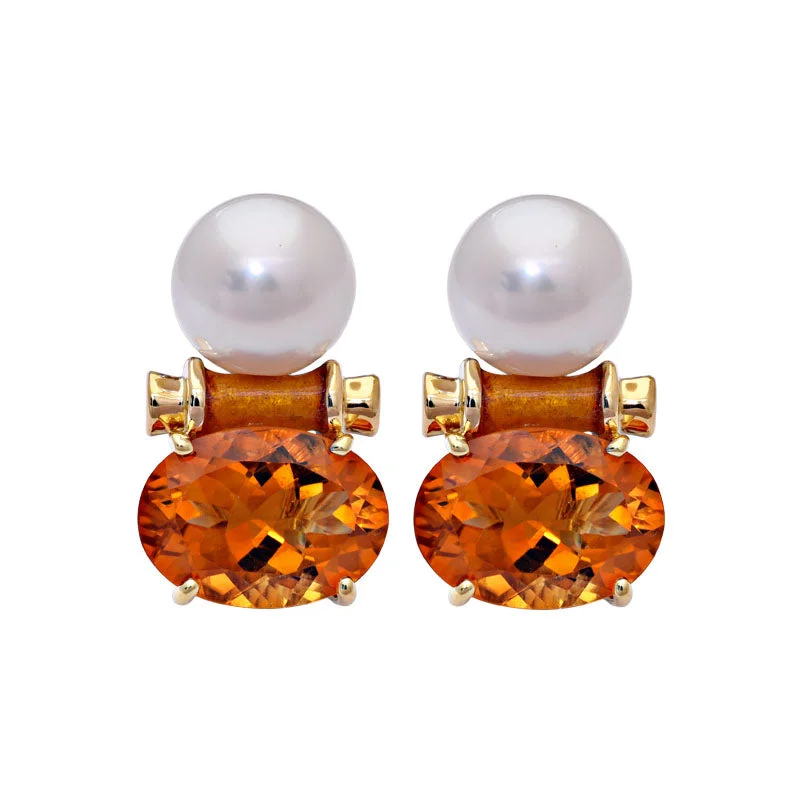 drop earrings for women -Earrings- Citrine and South Sea Pearl (Enamel)