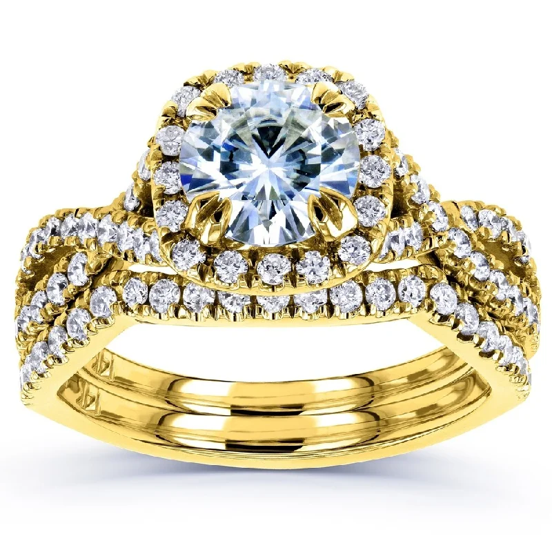 sapphire rings for women -Annello by Kobelli 14k Yellow Gold 1 3/4ct TGW Moissanite and Diamond Open Shank Crossover Bridal Rings Set