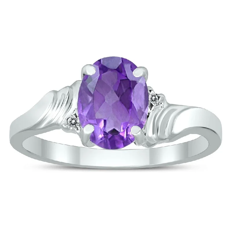 promise rings for women -8X6MM Amethyst and Diamond Wave Ring in 10K White Gold