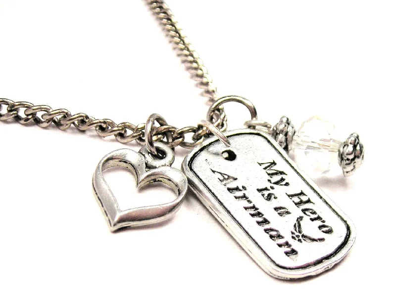 engraved necklaces for women -My Hero Is A Airman Necklace with Small Heart