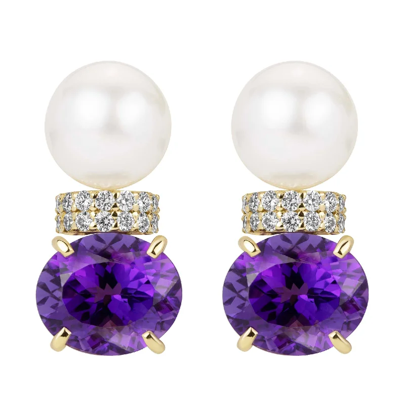 simple earrings for women -Earrings - South Sea Pearl, Amethyst And Diamond