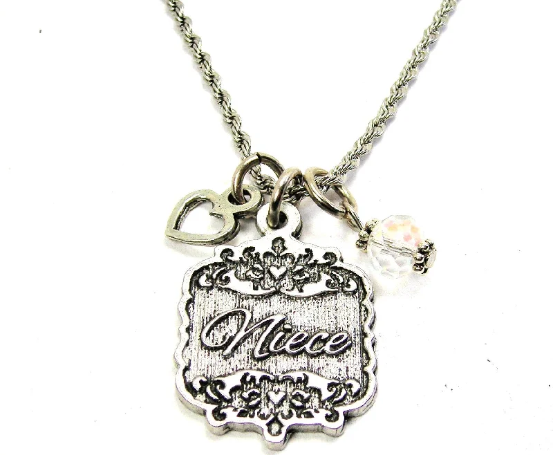 trendy pendant necklaces for women -Niece Victorian Scroll With Open Heart And Crystal 20" Stainless Steel Rope Necklace