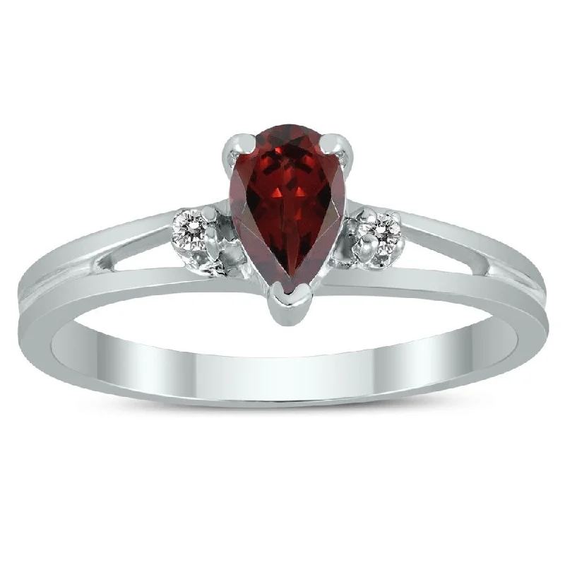 multi-stone rings for women -6X4MM Garnet and Diamond Pear Shaped Open Three Stone Ring in 10K White Gold