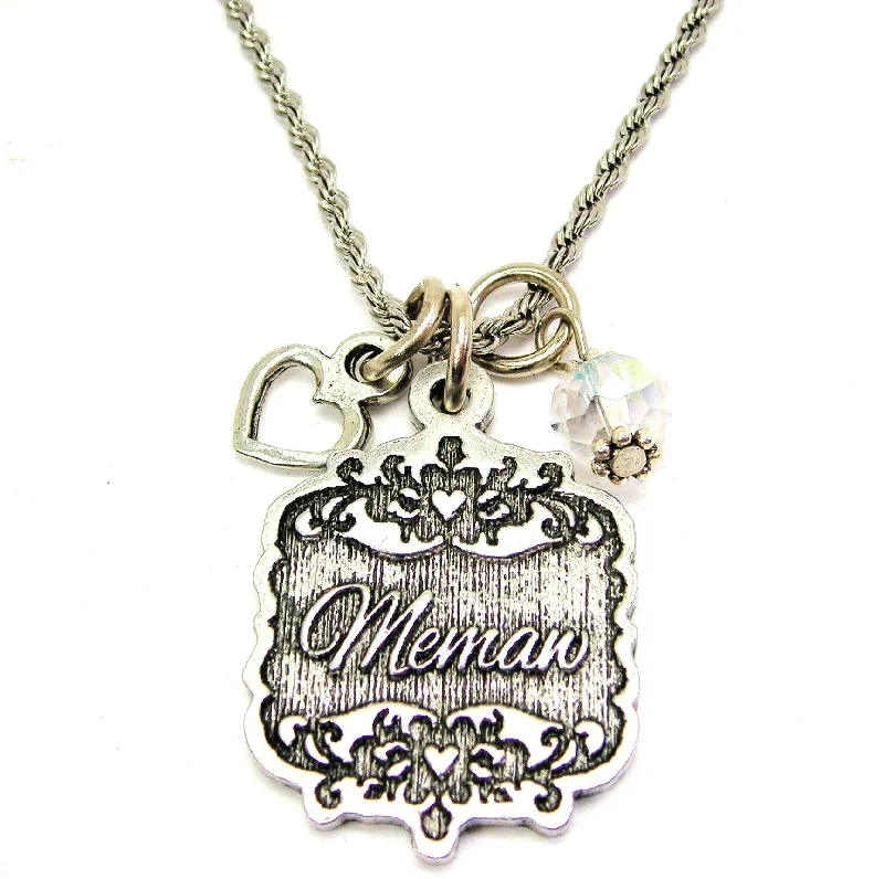 anniversary necklaces for women -Memaw Victorian Scroll With With Open Heart And Crystal 20" Stainless Steel Rope Necklace