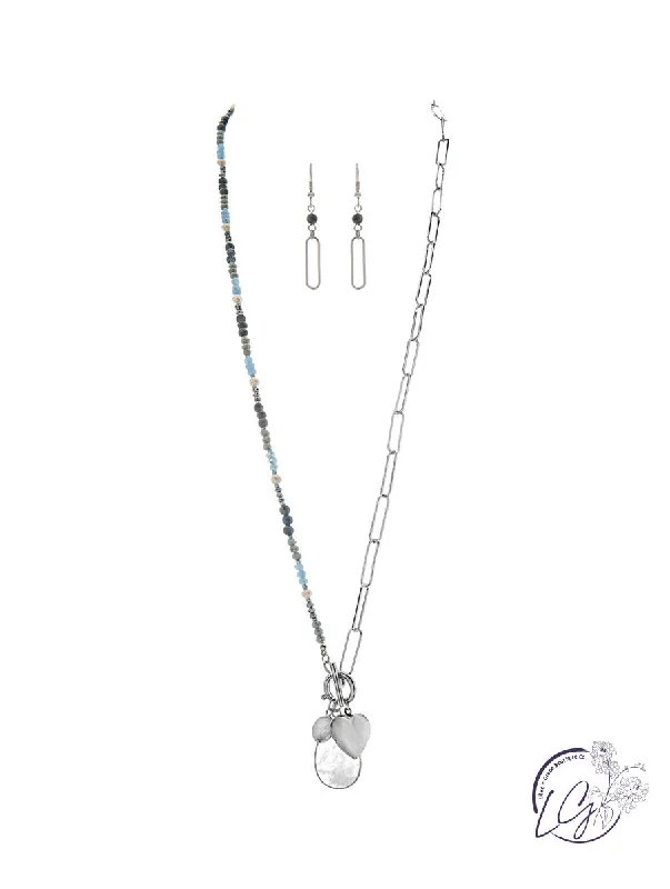 vintage bridal necklaces for women -Silver Blue Bead Chain Charm Necklace Set