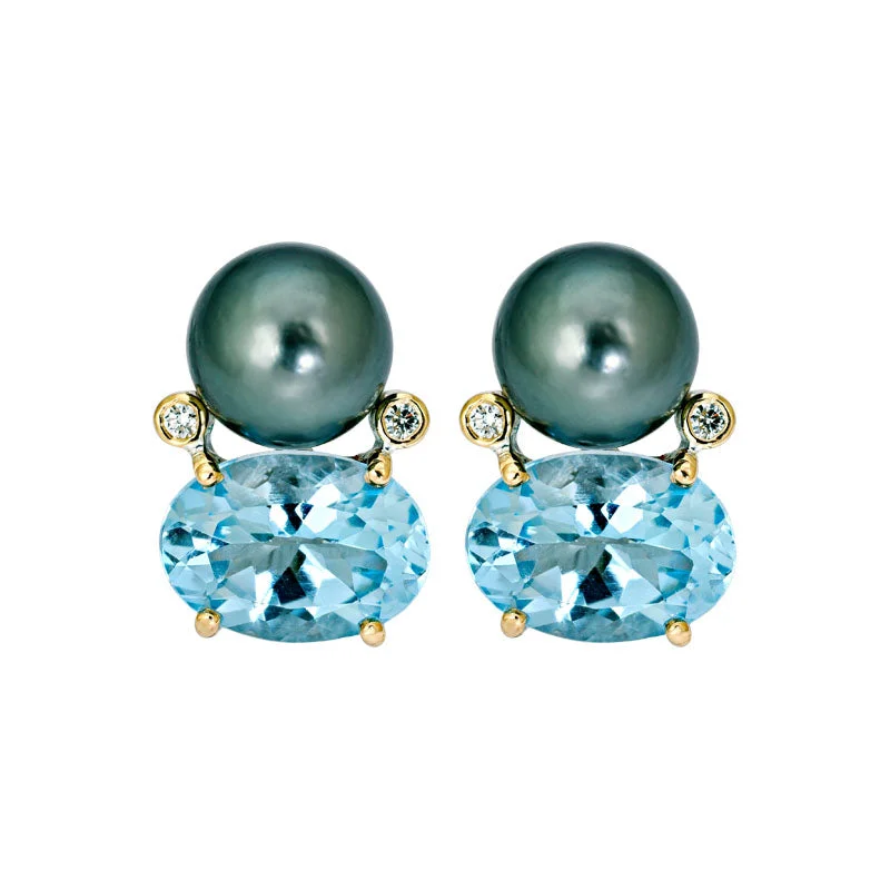 casual earrings for women -Earrings- Blue Topaz, South Sea Pearl and Diamond