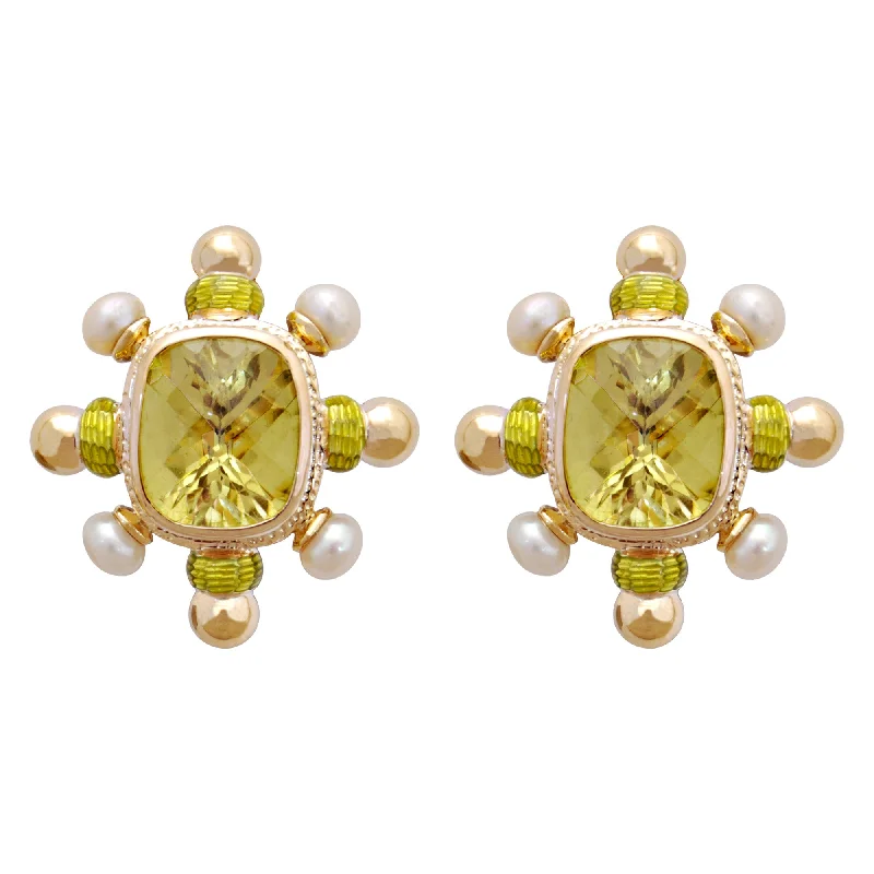 gemstone stud earrings -Earrings- Lemon Quartz And Pearl (enamel)