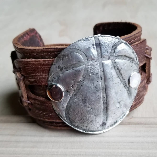 layered bracelets for women -Molten Metal Basketball Distressed Leather Cuff