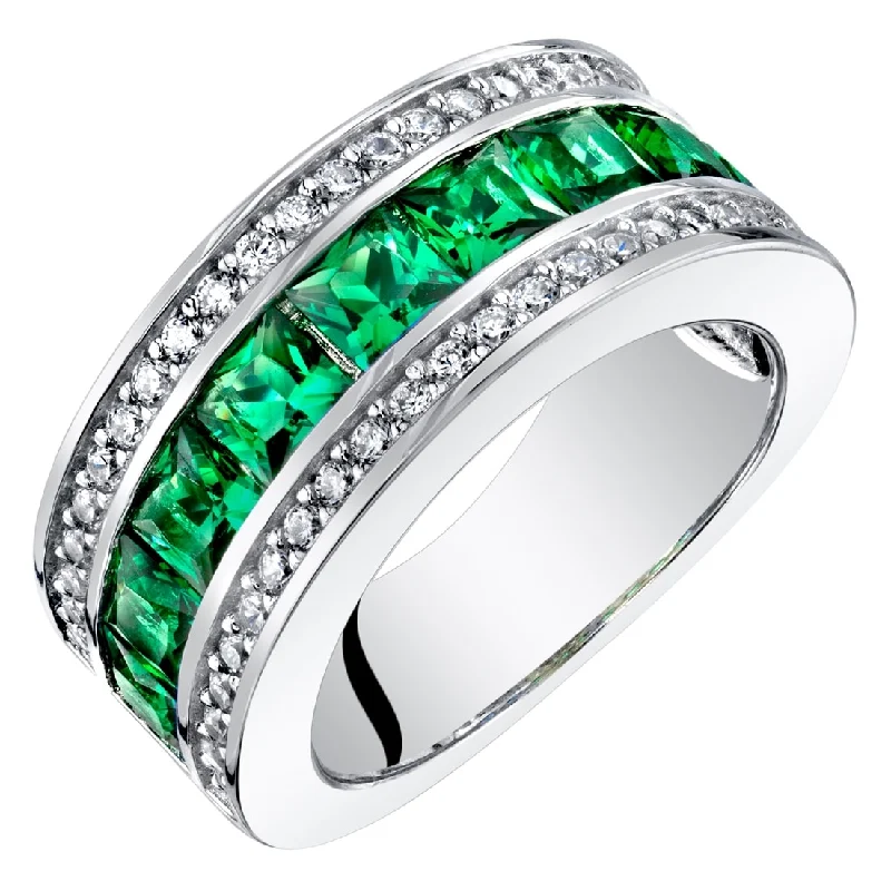 wedding bands with diamonds -Sterling Silver 1.5 ct Created Emerald Birthstone Ring