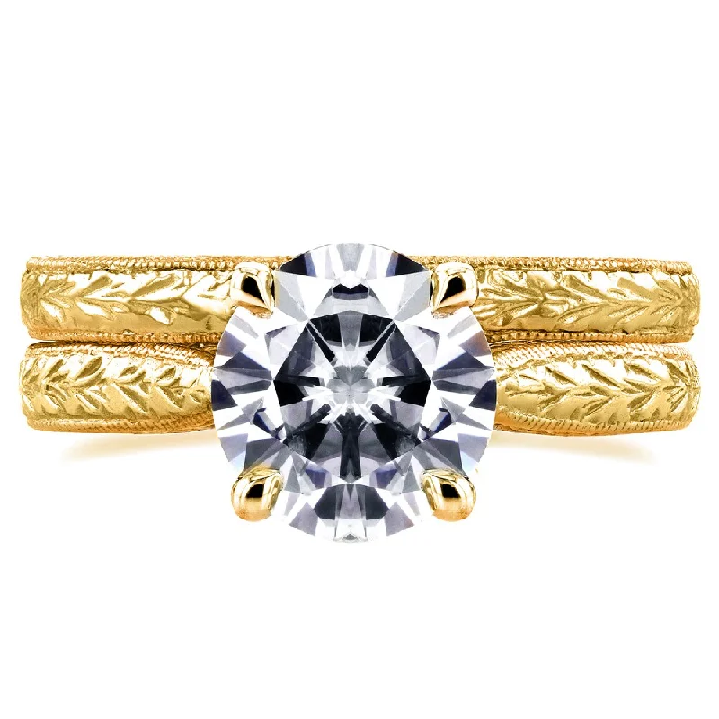 mixed metal rings for women -Annello by Kobelli 14k Yellow Gold 1 1/2ct TGW Moissanite and Diamond Antique Cathedral Bridal Rings