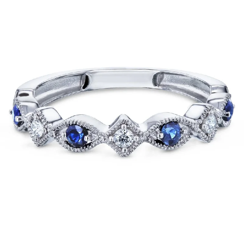 heart-shaped rings for women -Annello by Kobelli 10k White Gold 1/5ct.tw Alternating Sapphire and Diamond Patterned Fashion Stackable Ring