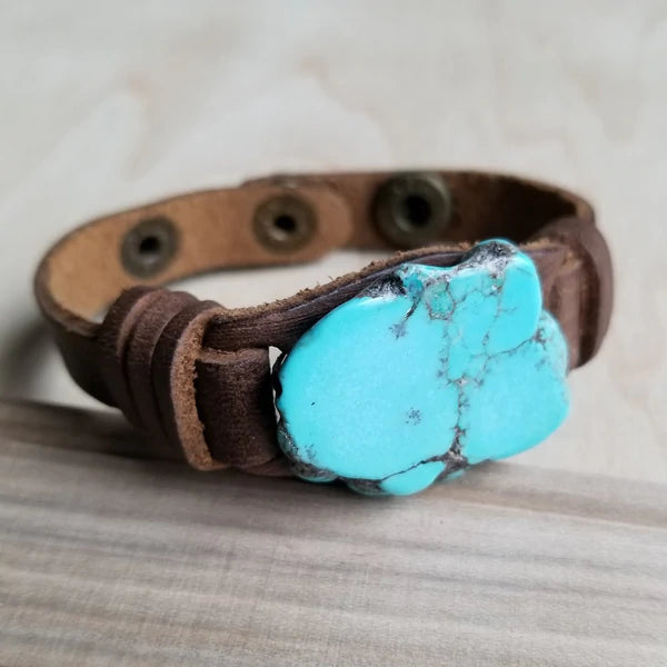 carved bracelets for women -Leather Cuff w/ Blue Turquoise