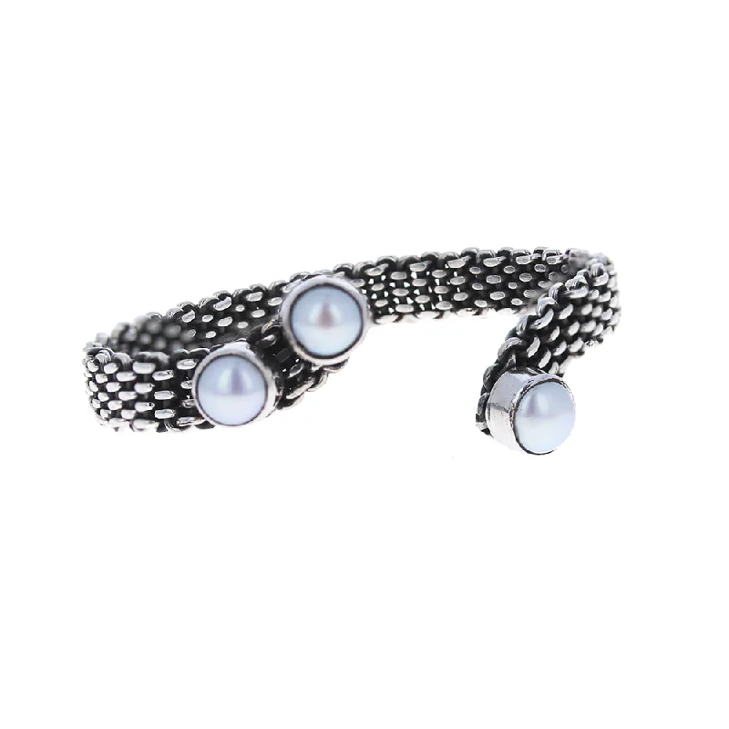 stackable bangle sets -Braided Silver and Pearl Cuff