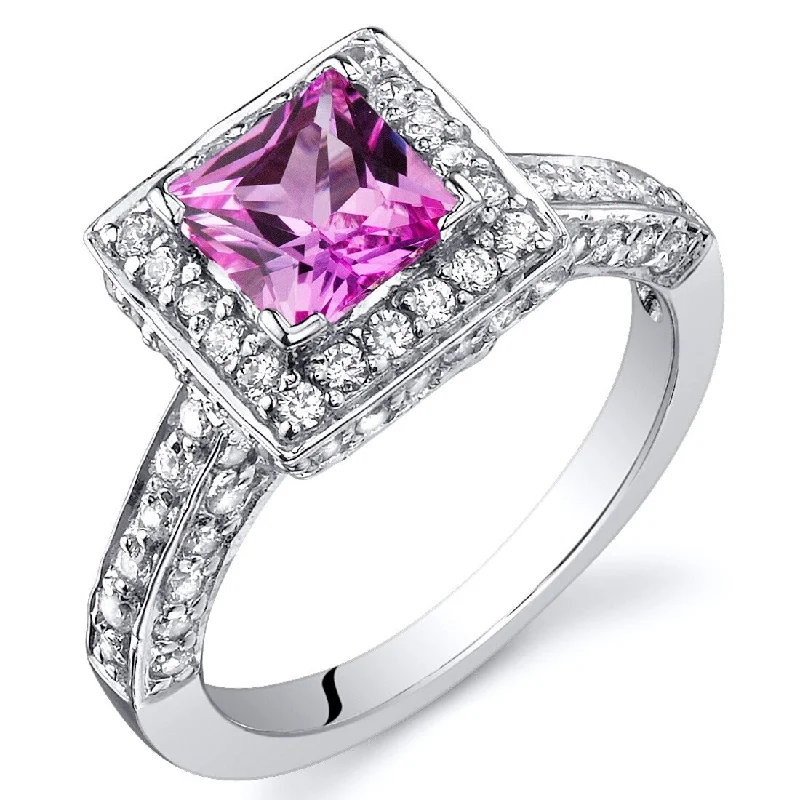 large statement rings -Sterling Silver 1 ct Created Pink Sapphire Halo Ring