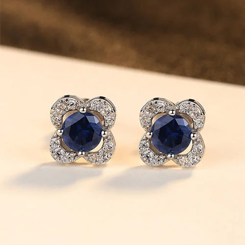 vintage stud earrings -Blue Gems Flower Stud Earrings in Sterling Silver