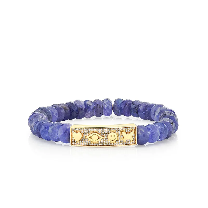 boho bracelets for women -Gold & Diamond Peace Love Protection Tableau on Tanzanite