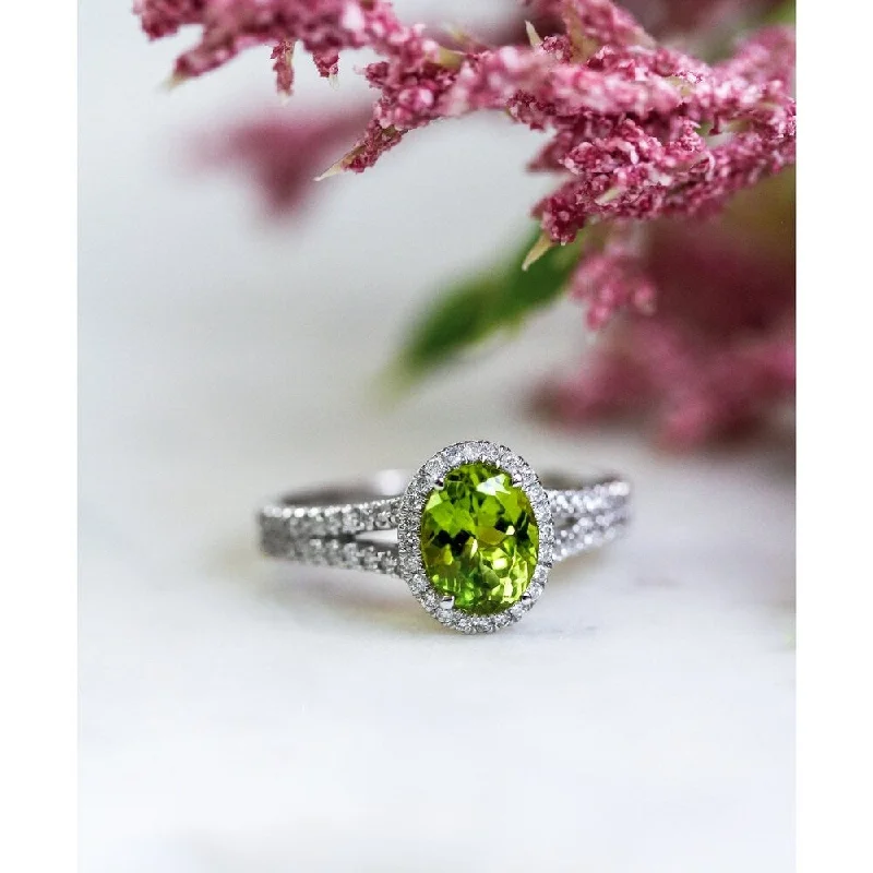 luxury fashion rings for women -Annello by Kobelli 14k Gold 3ct TGW Oval Cut Green Peridot and Diamond Halo Split Shank Gemstone Ring