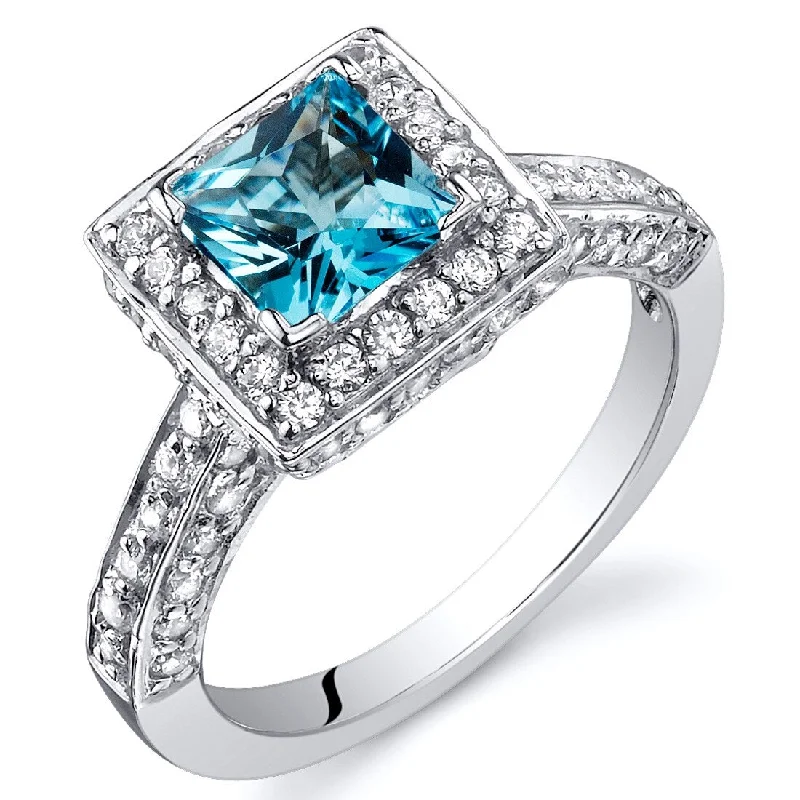 luxury wedding rings -Sterling Silver 1 ct Swiss Blue Topaz Halo Ring