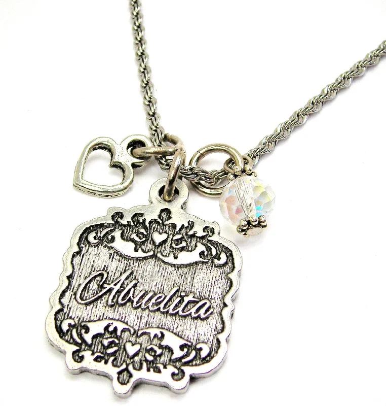 birthstone pendant necklaces -Abuelita Victorian Scroll With With Open Heart And Crystal 20" Stainless Steel Rope Necklace