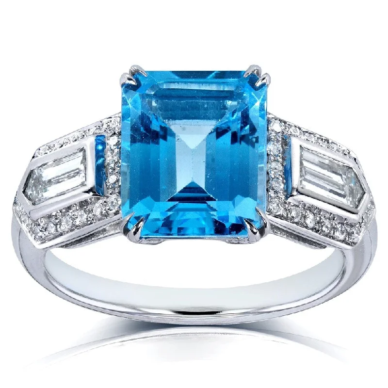 fashion promise rings -Annello by Kobelli 14k White Gold 4 1/2ct TGW Emerald-cut Blue Topaz and Bullet-cut Diamond Art Deco Ring