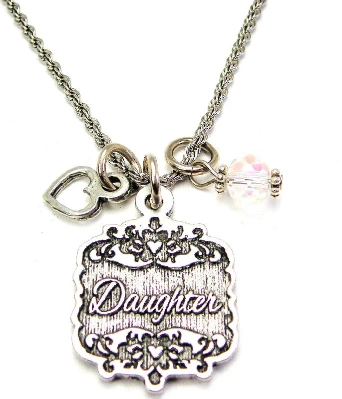 custom pendant necklaces for women -Daughter Victorian Scroll With With Open Heart And Crystal 20" Stainless Steel Rope Necklace