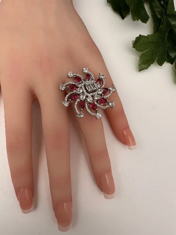 thin engagement rings -AD Floral Silver Adjustable Color Stone Cocktail Ring