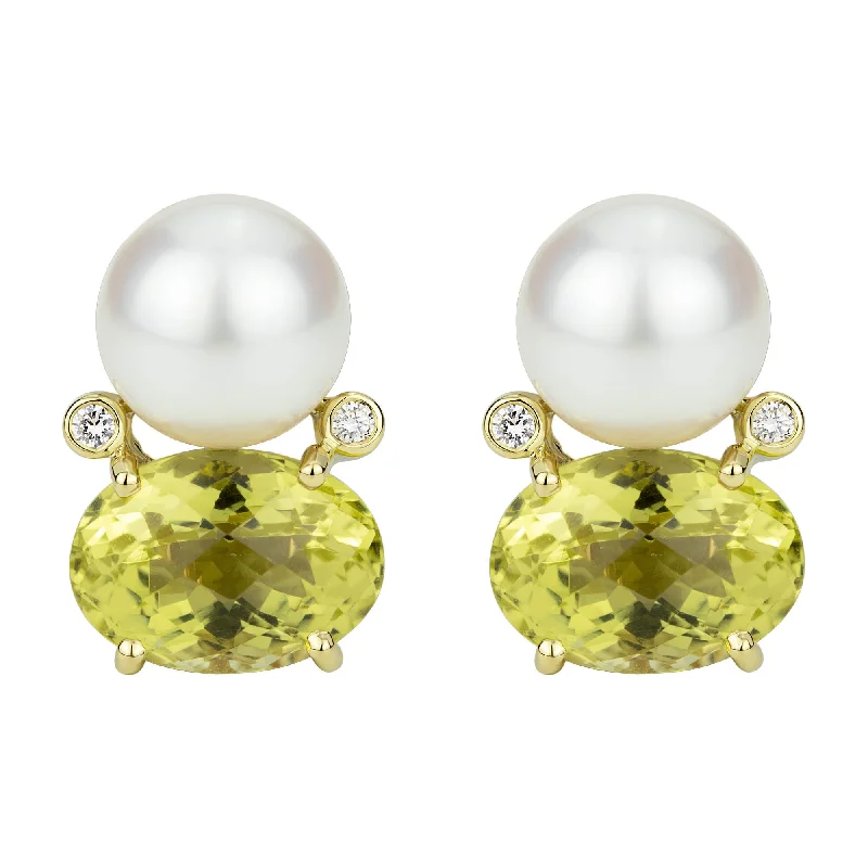 gold stud earrings for women -Earrings - South Sea Pearl, Lemon Quartz And Diamond