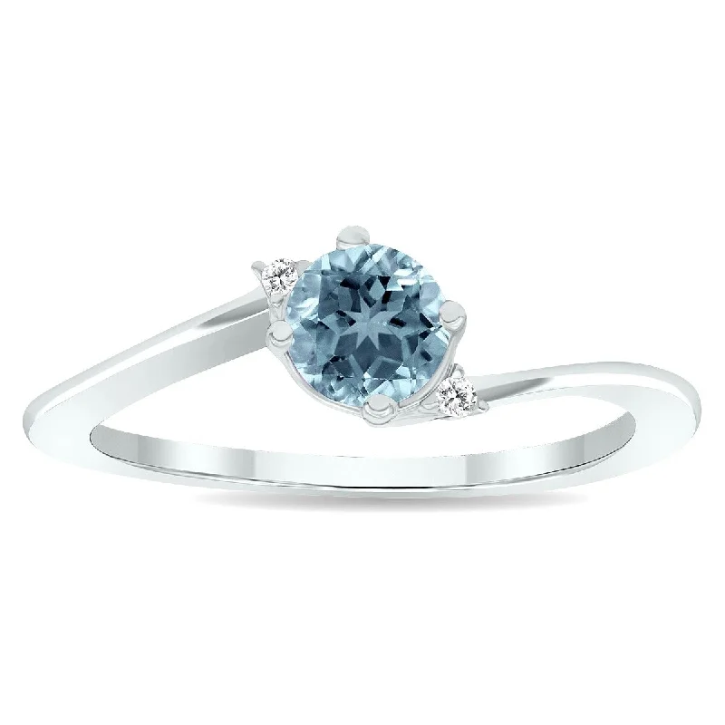 silver rings for women -Women's Aquamarine and Diamond Wave Ring in 10K White Gold