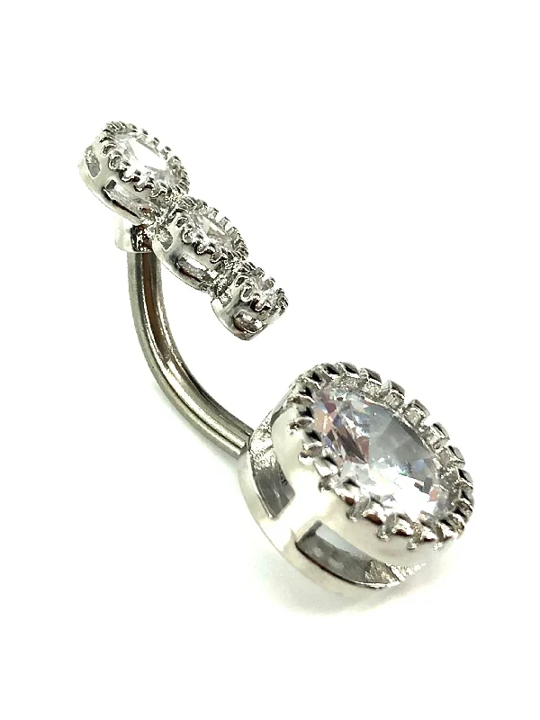 statement rings for women -Stainless steel curve bar , double gem belly ring, SKU# NBR019