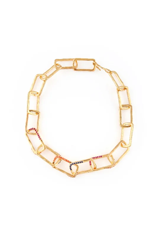 trendy long necklaces for women -RECTANGLE NECKLACE CHAIN WITH MULTICOLORED STONES