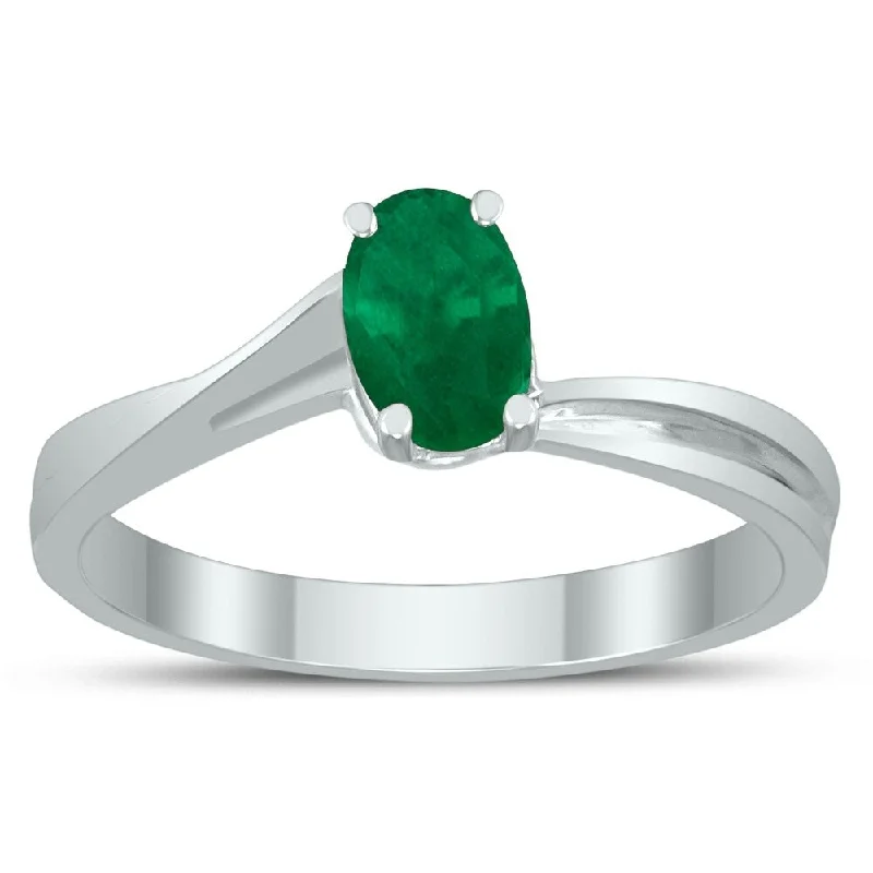 wedding rings for couples -Solitaire Oval 6X4MM Emerald Gemstone Twist Ring in 10K White Gold