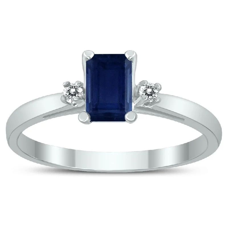 anniversary gemstone rings -Emerald Cut 6X4MM Sapphire and Diamond Three Stone Ring in 10K White Gold