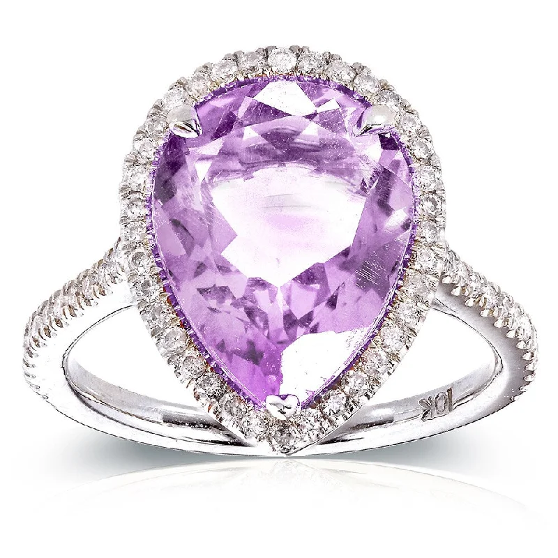 gemstone engagement rings -Annello by Kobelli 10k White Gold Pear-shape Lavender Amethyst and 1/3ct TDW Diamond Halo Ring