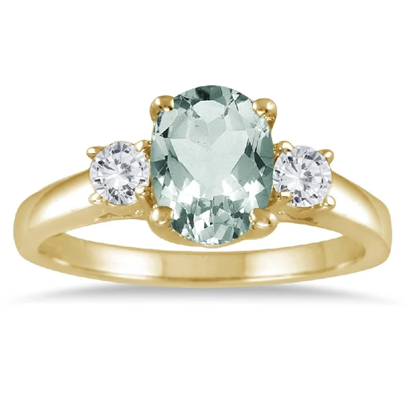 heart-shaped rings for women -1 3/4 Carat Green Amethyst and Diamond Three Stone Ring 14K Yellow Gold