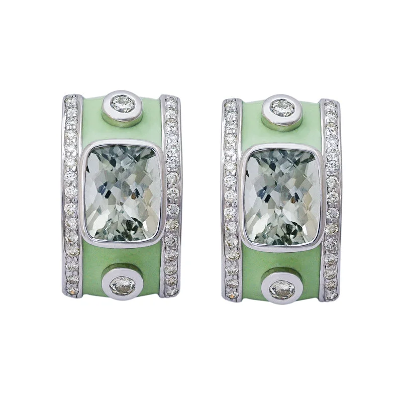 women's silver earrings -Earrings- Green Quartz and Diamond (Enamel)