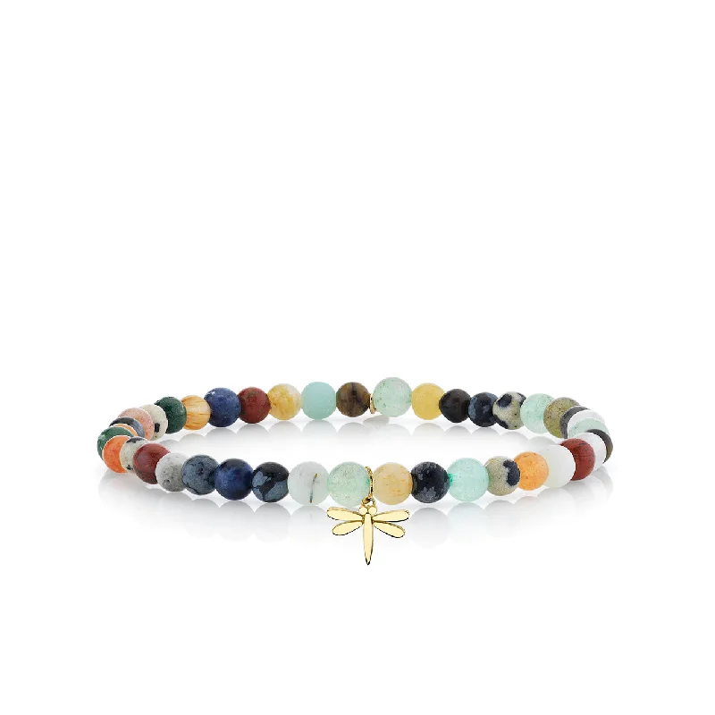 wedding bracelets for women -Pure Gold Tiny Dragonfly on Semi Precious Stones