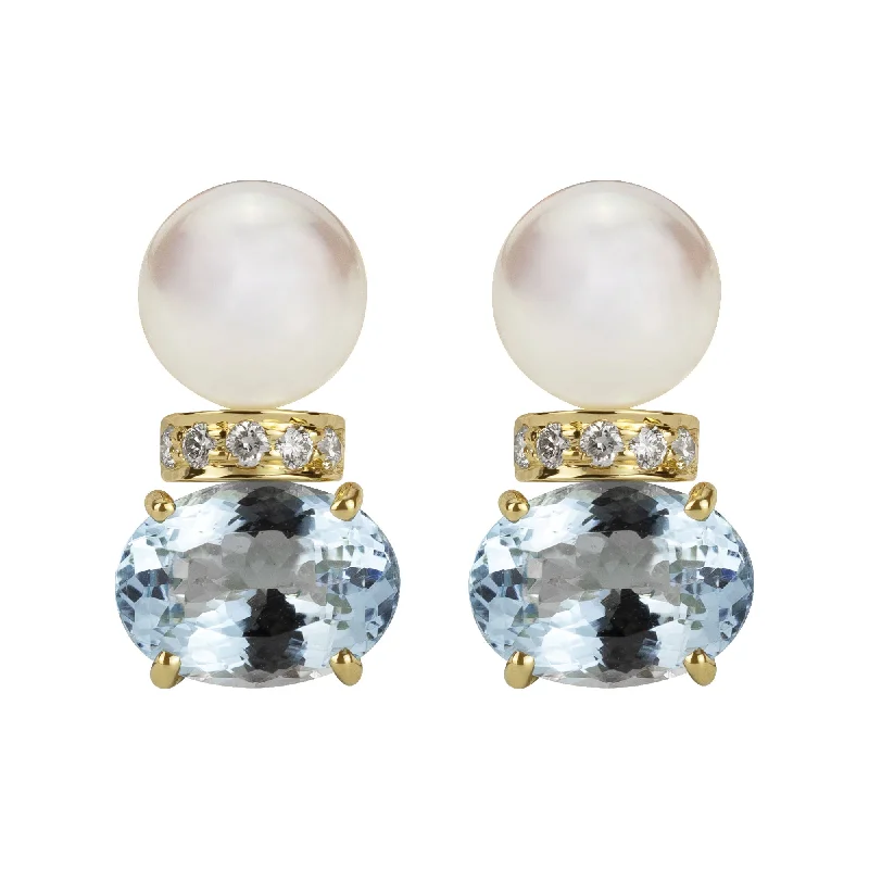 dangle earrings for women -Earrings - South Sea Pearl, Aquamarine And Diamond