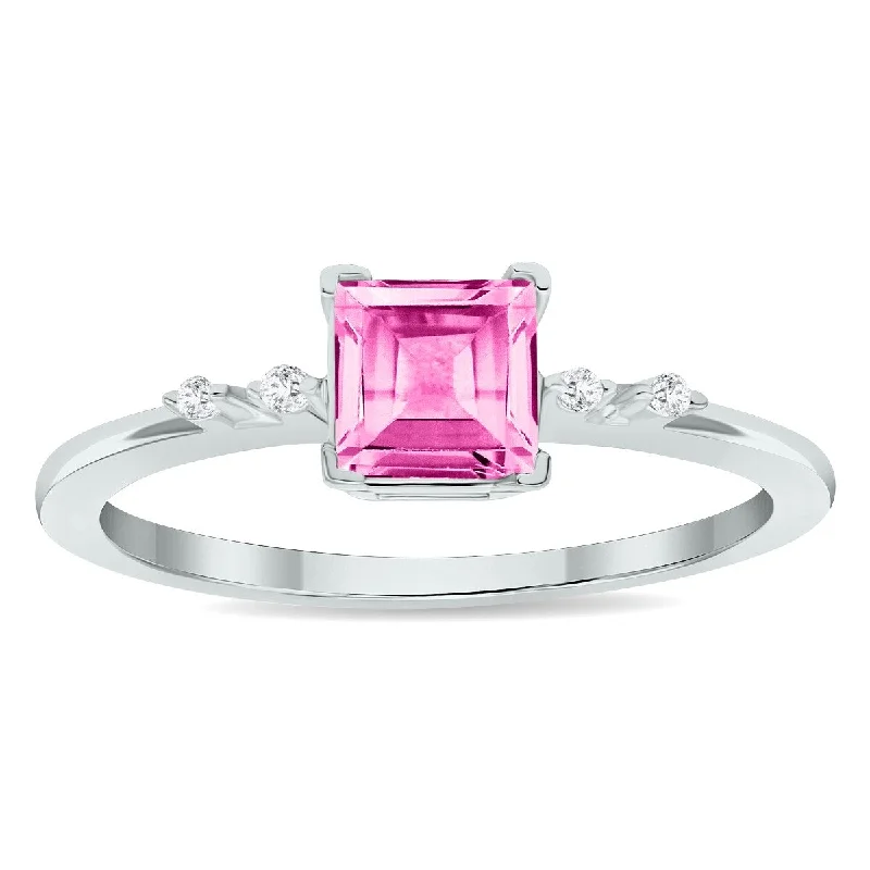 romantic rings for women -Women's Pink Topaz and Diamond Sparkle Ring in 10K White Gold