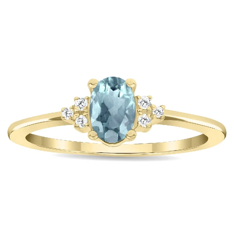 gemstone rings for women -Women's Oval Shaped Aquamarine and Diamond Half Moon Ring in 10K Yellow Gold