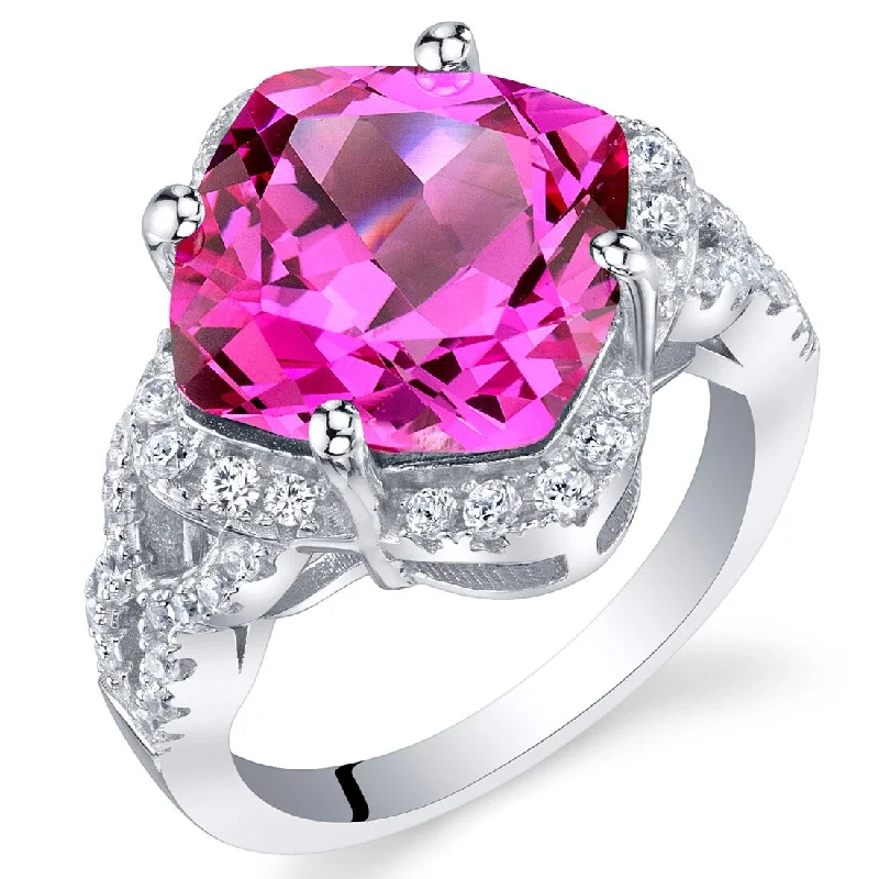 large statement rings -Sterling Silver 7.5 ct Created Pink Sapphire Halo Ring