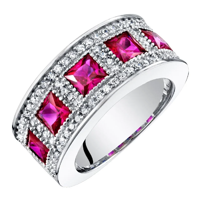 stackable rings for women -Sterling Silver 2 ct Created Ruby Birthstone Ring