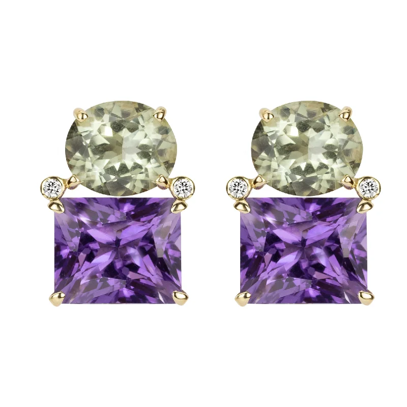 colored gemstone earrings for women -Earrings - Green Quartz, Amethyst And Diamond