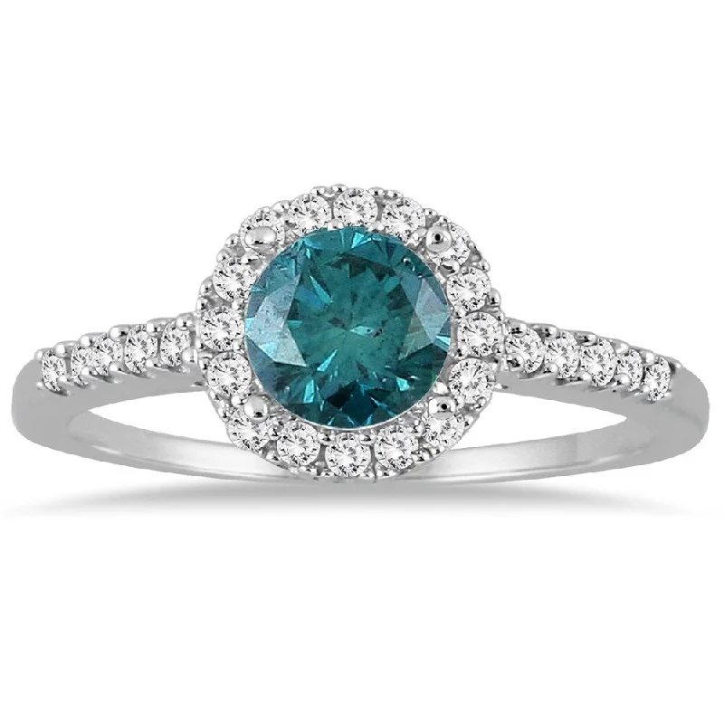 emerald rings for women -1 Carat TW Blue and White Diamond Halo Ring in 10K White Gold