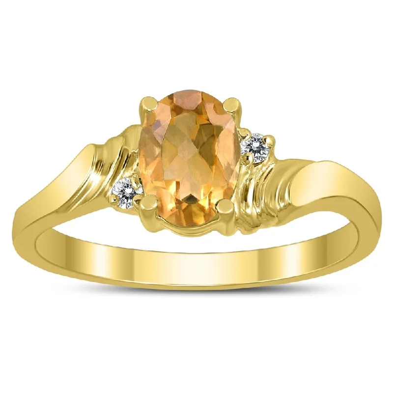 oval rings for women -7X5MM Citrine and Diamond Wave Ring in 10K Yellow Gold